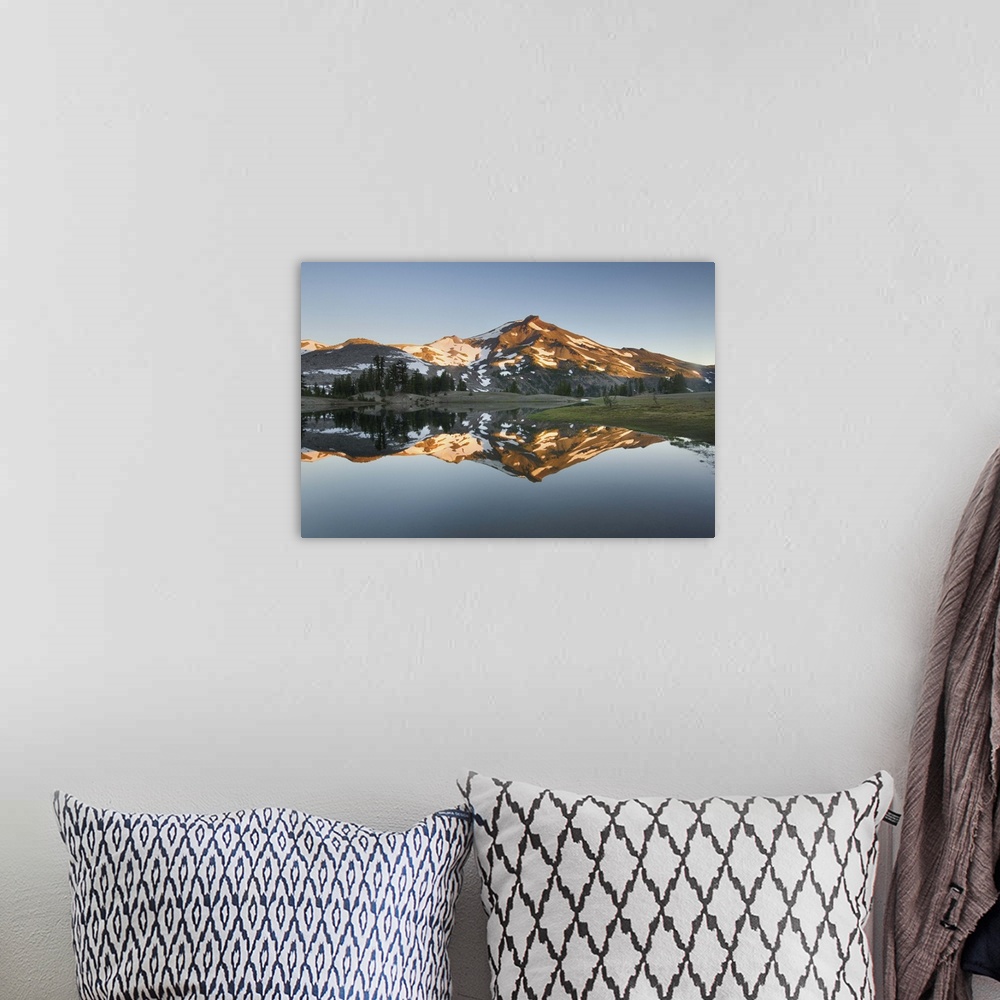 A bohemian room featuring Photograph of the sunrise on South Sister from Lower Green Lake, Three Sisters Wilderness, Oregon