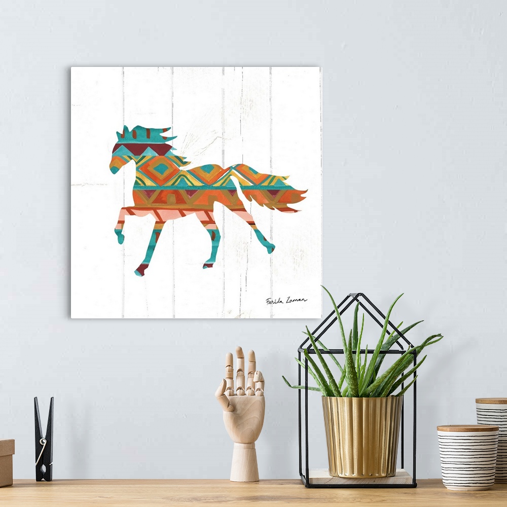 A bohemian room featuring An illustration of a horse with a southwestern pattern on a white wood panel background.