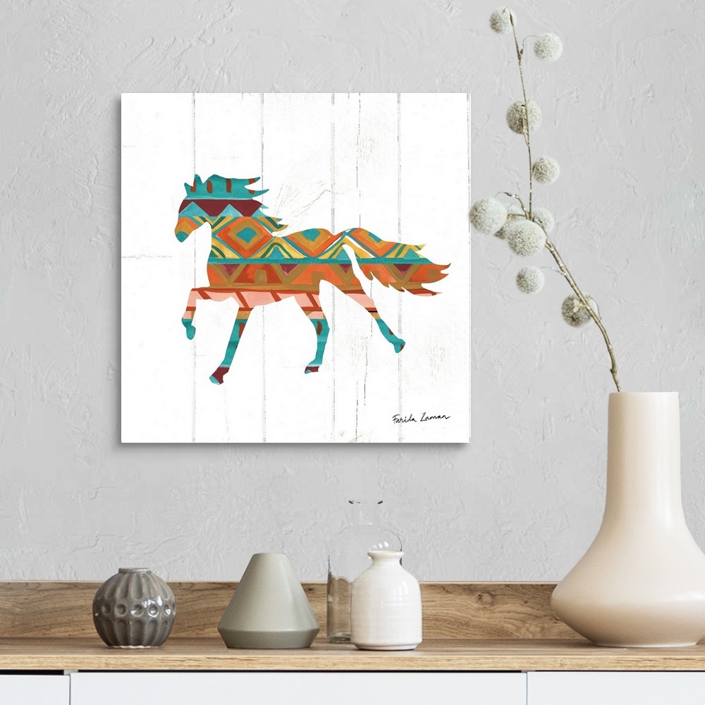 A farmhouse room featuring An illustration of a horse with a southwestern pattern on a white wood panel background.