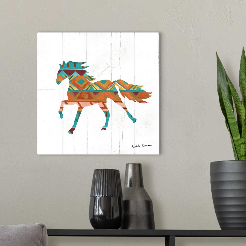 A modern room featuring An illustration of a horse with a southwestern pattern on a white wood panel background.