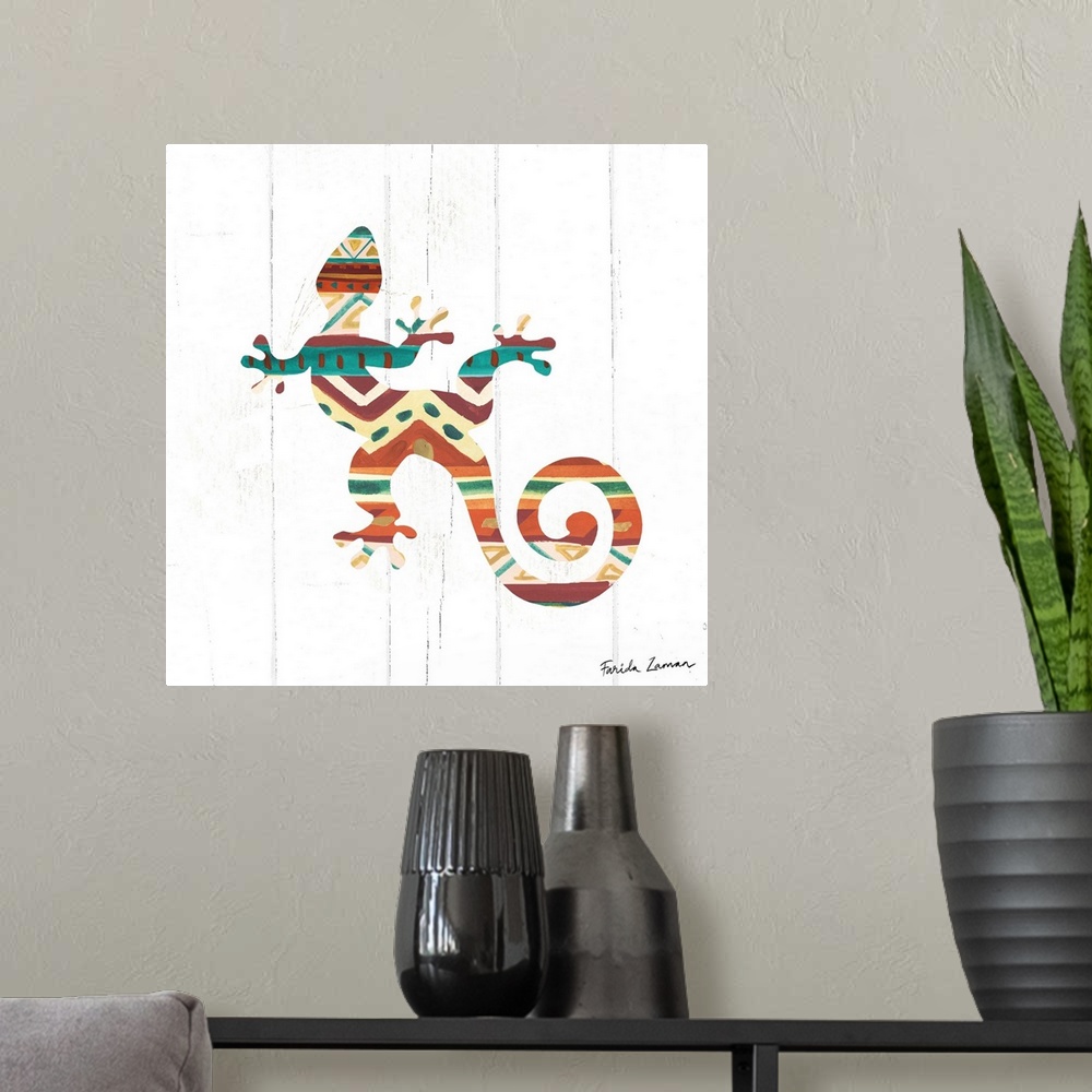 A modern room featuring An illustration of a lizard with a southwestern pattern on a white wood panel background.
