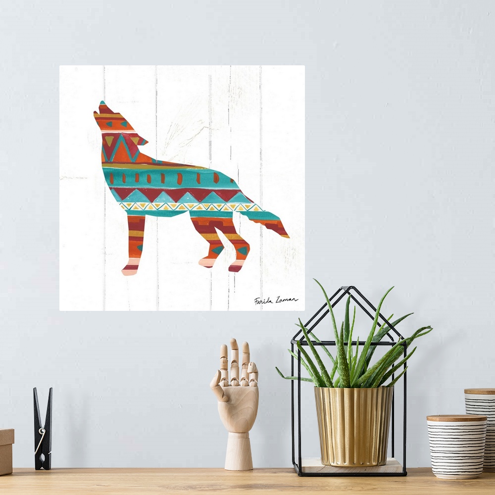 A bohemian room featuring An illustration of a coyote with a southwestern pattern on a white wood panel background.