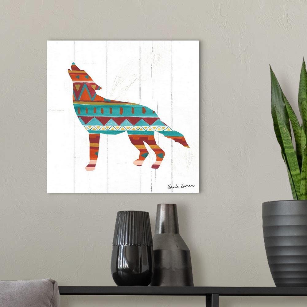 A modern room featuring An illustration of a coyote with a southwestern pattern on a white wood panel background.