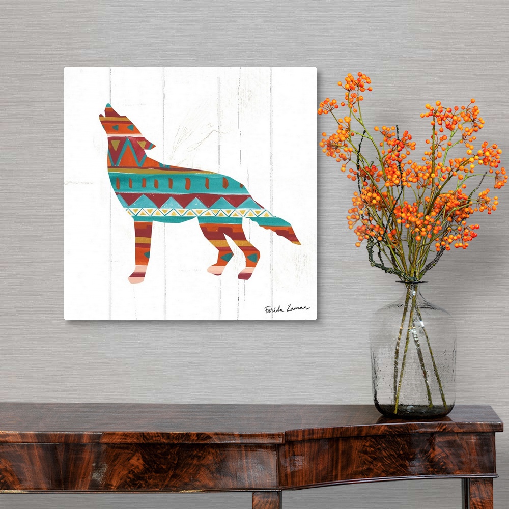 A traditional room featuring An illustration of a coyote with a southwestern pattern on a white wood panel background.