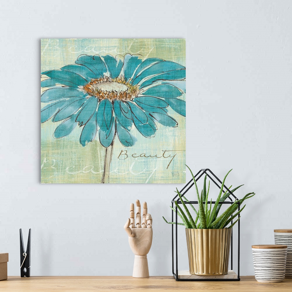 A bohemian room featuring Contemporary painting of a blue flower close-up in the frame of the image.