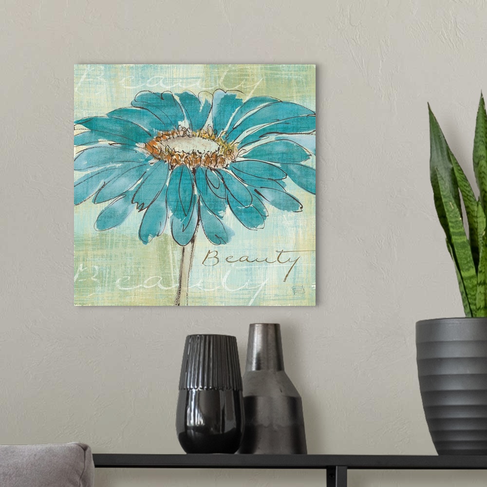 A modern room featuring Contemporary painting of a blue flower close-up in the frame of the image.