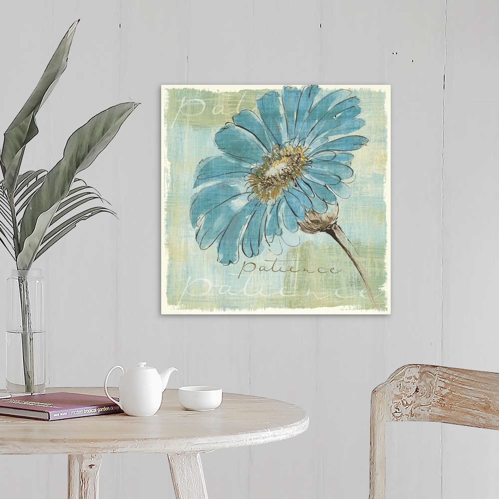 A farmhouse room featuring Contemporary painting of a blue flower close-up in the frame of the image.