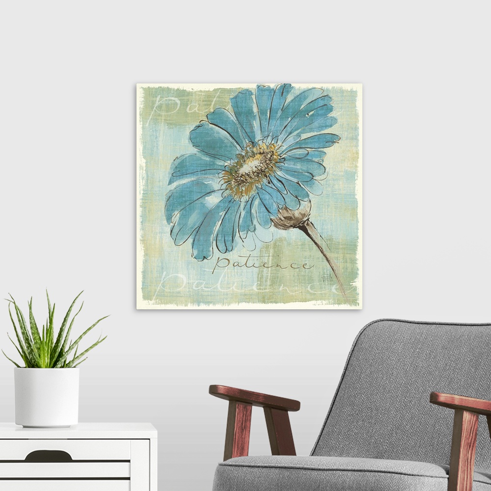 A modern room featuring Contemporary painting of a blue flower close-up in the frame of the image.