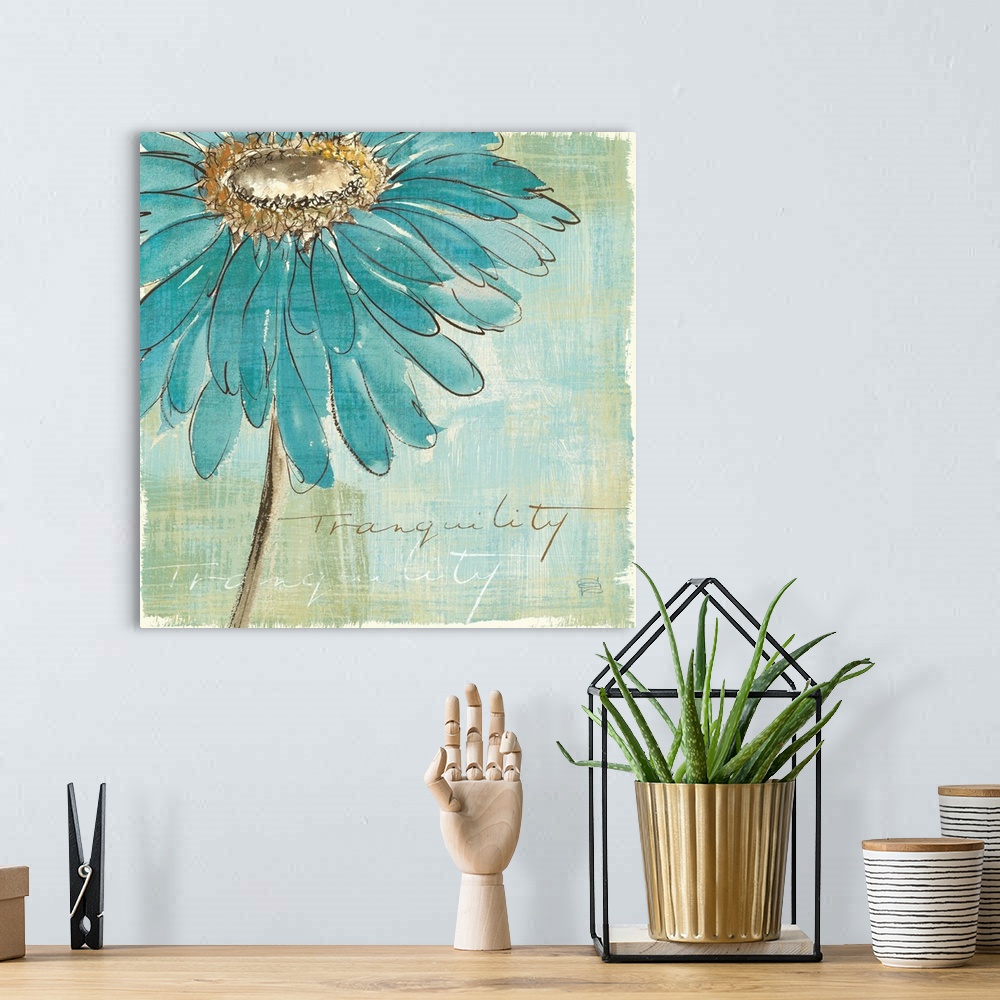A bohemian room featuring Contemporary painting of a blue flower close-up in the frame of the image.
