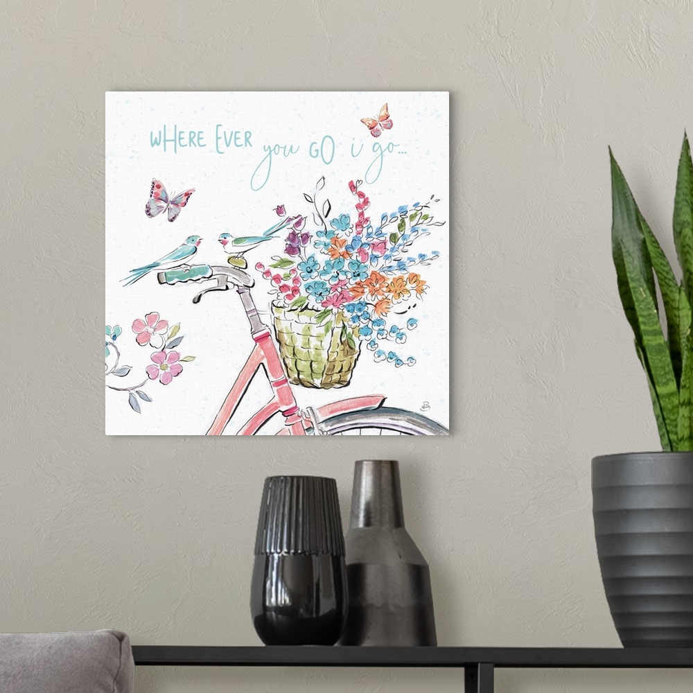 A modern room featuring Decorative artwork of an illustrated bike with flowers and the words, 'Where ever you go, I go......