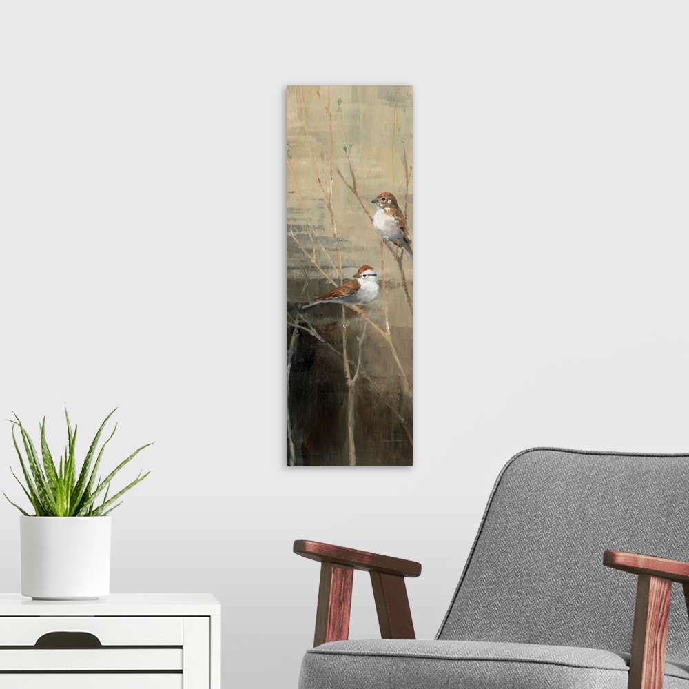 A modern room featuring Vertical panoramic painting of two birds perched on branches at dawn.