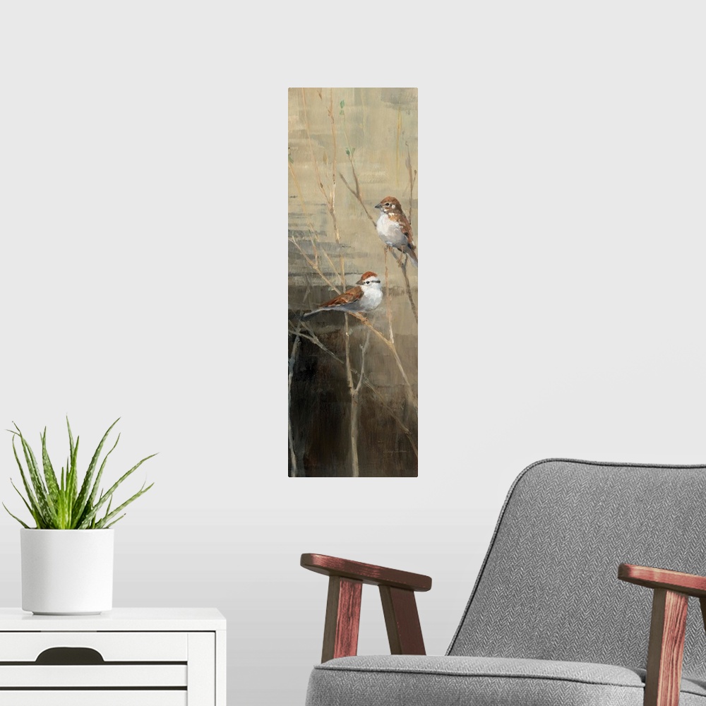 A modern room featuring Vertical panoramic painting of two birds perched on branches at dawn.