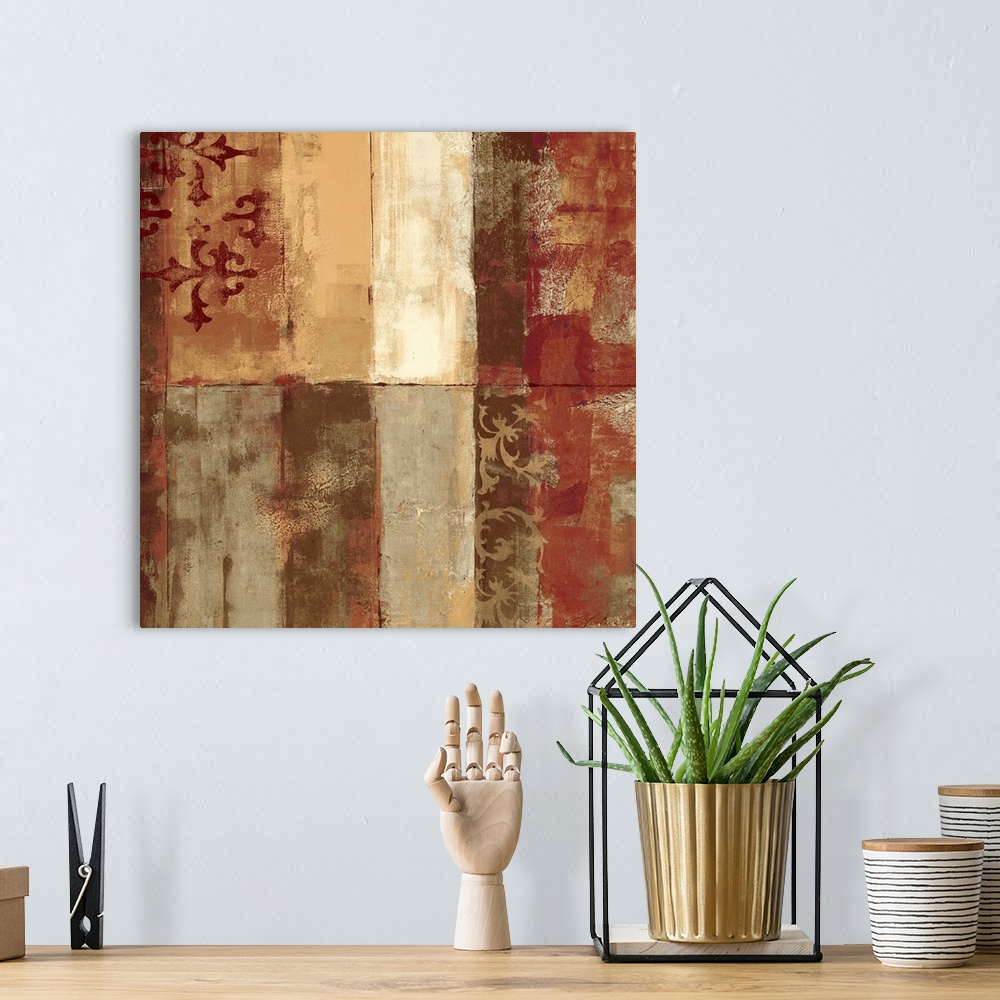 A bohemian room featuring Big abstract art composed of distressed vertical rectangles of the same size stacked on top and n...