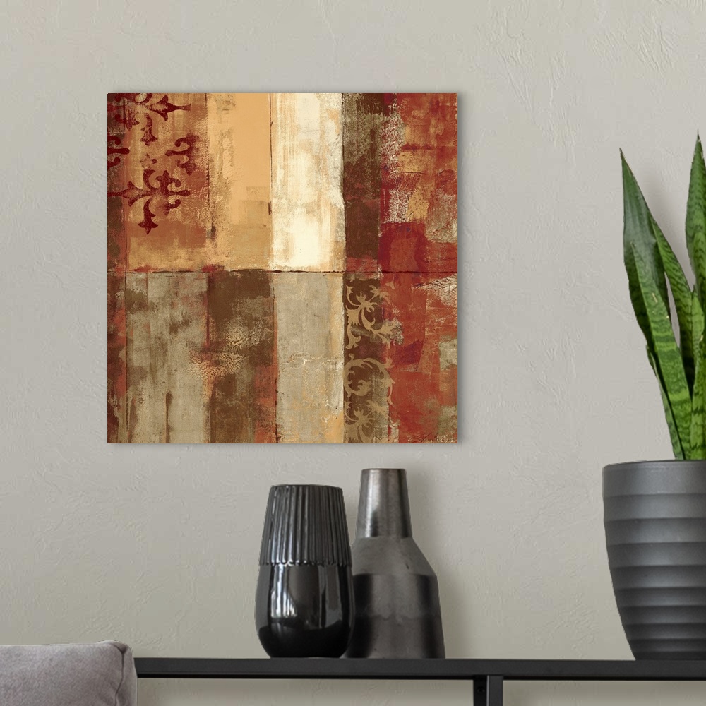 A modern room featuring Big abstract art composed of distressed vertical rectangles of the same size stacked on top and n...