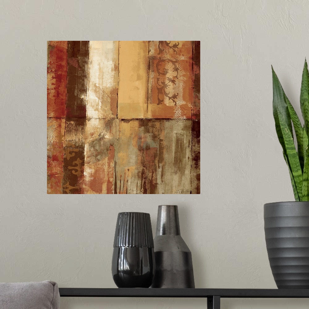 A modern room featuring Heavily textured earth toned abstract painting of various colored rectangles with stenciled decor...