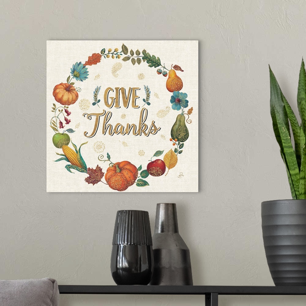 A modern room featuring Square illustration of an Autumn harvest wreath with the text "Give Thanks" written in the center...