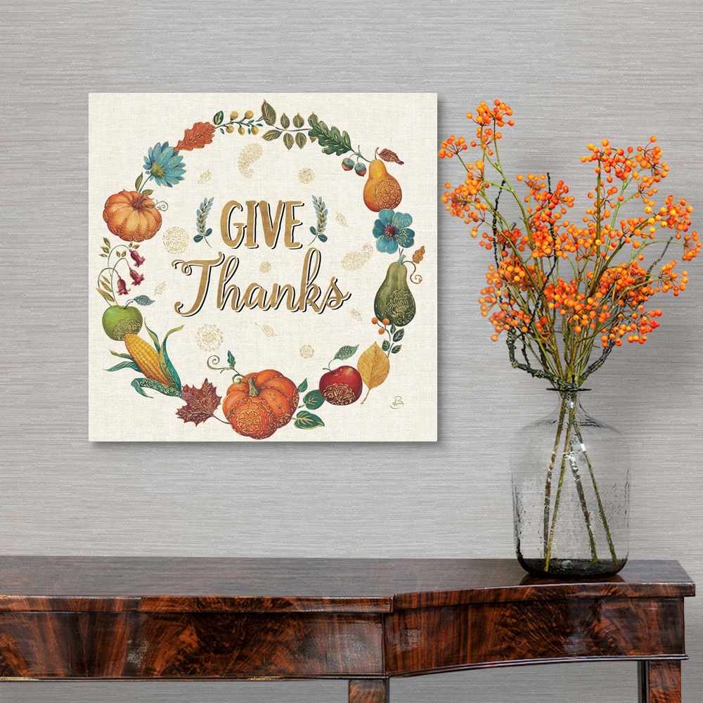 A traditional room featuring Square illustration of an Autumn harvest wreath with the text "Give Thanks" written in the center...