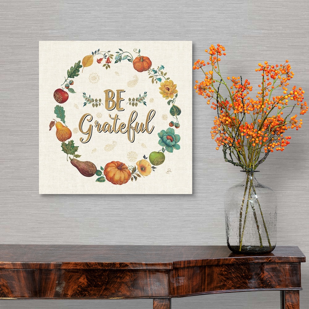 A traditional room featuring Square illustration of an Autumn harvest wreath with the text "Be Grateful" written in the center...