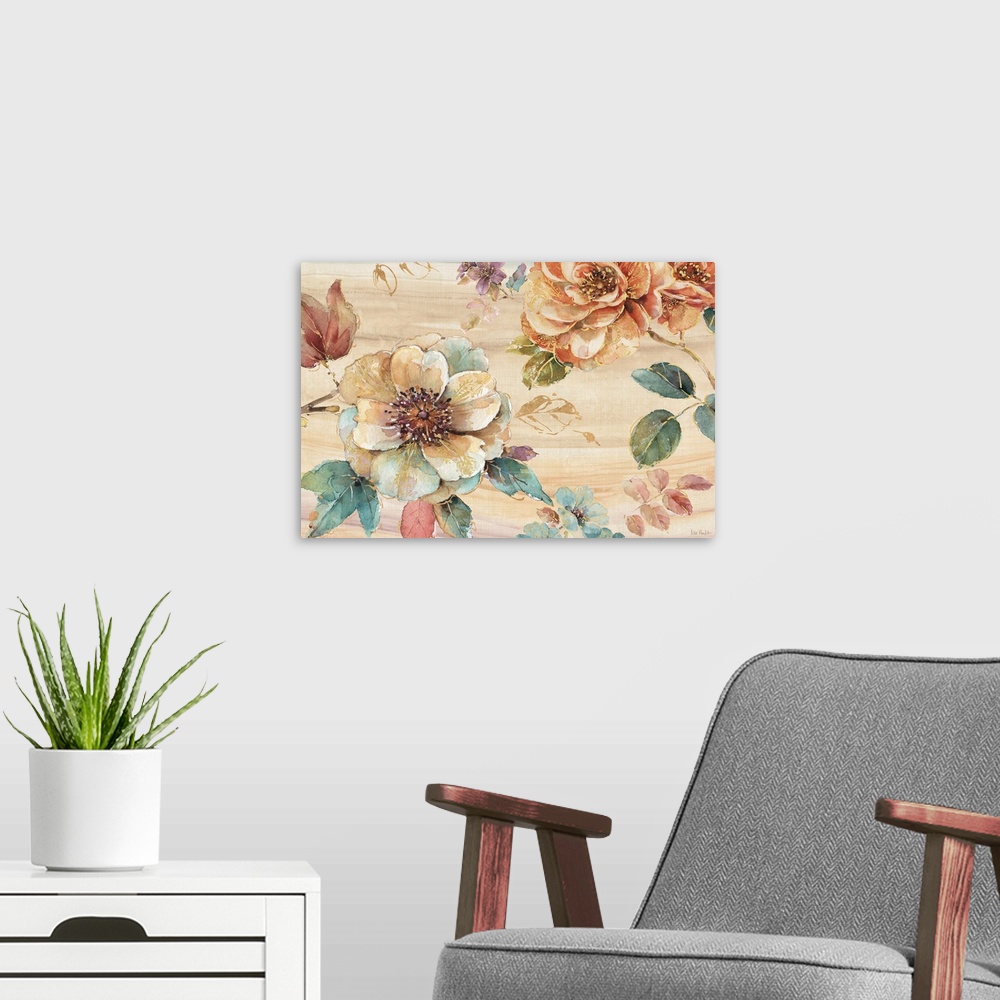 A modern room featuring Contemporary horizontal painting of flowers in warm tones of brown, red and green.