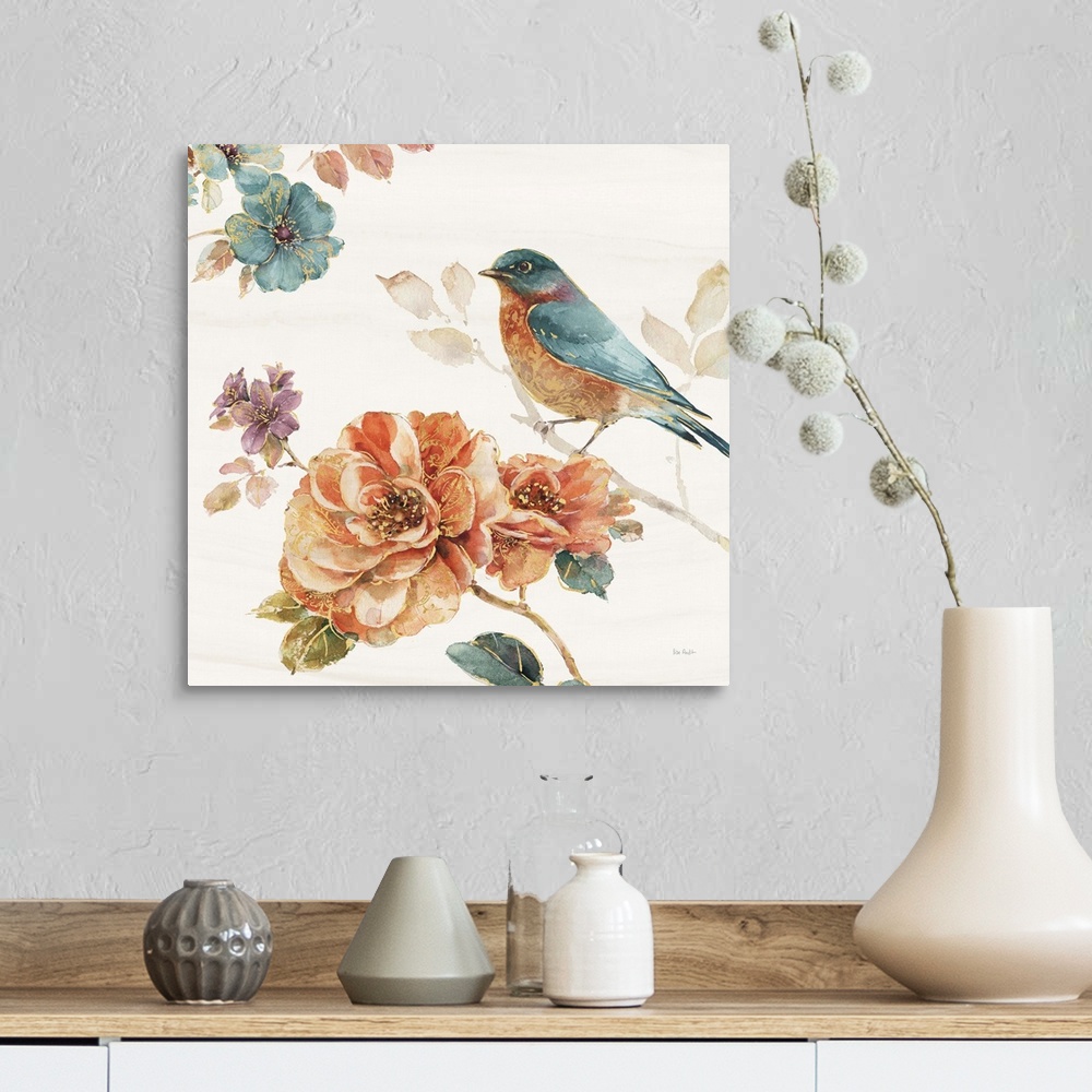 A farmhouse room featuring Contemporary square painting of a bird standing on a flower in warm tones of brown, red and green.