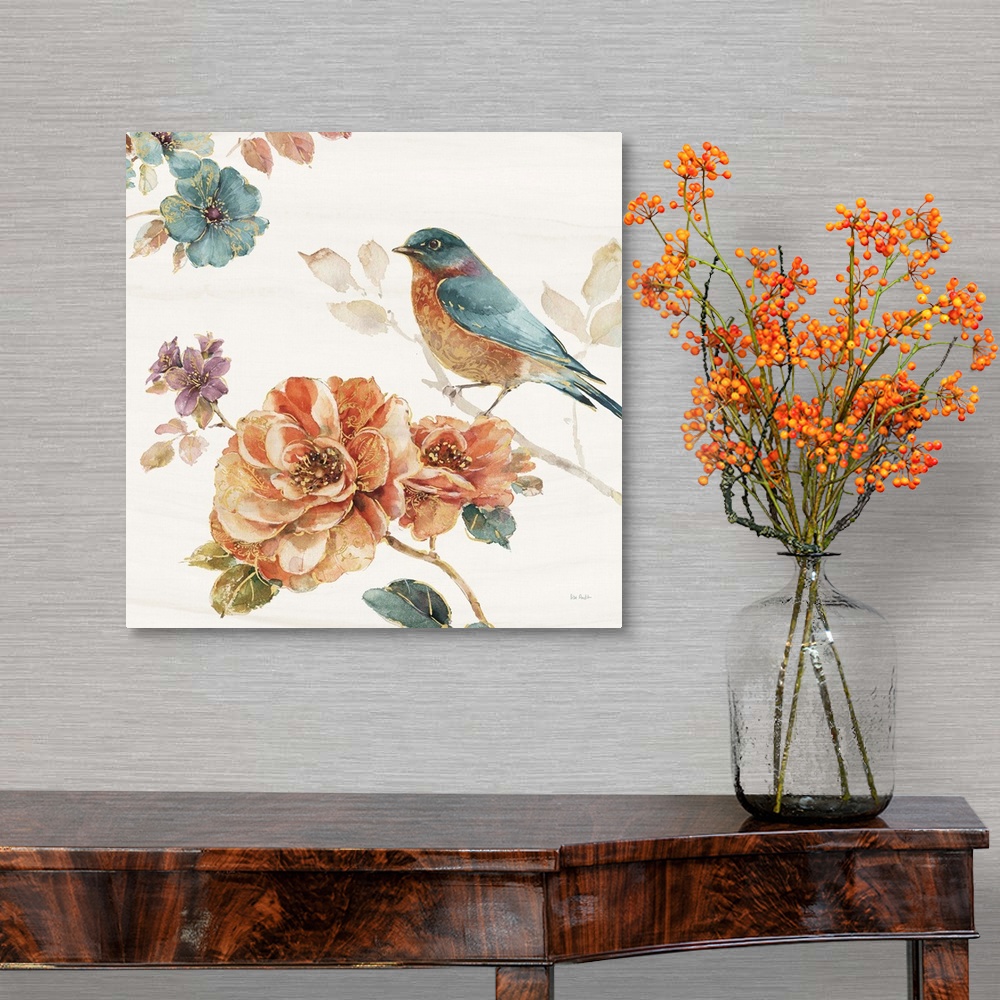 A traditional room featuring Contemporary square painting of a bird standing on a flower in warm tones of brown, red and green.