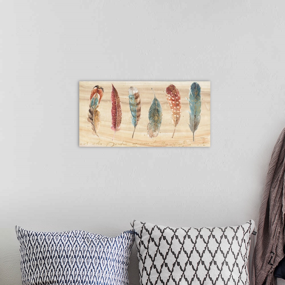 A bohemian room featuring Contemporary painting of a bird feathers laying on a wood plank in warm tones of brown, red and b...