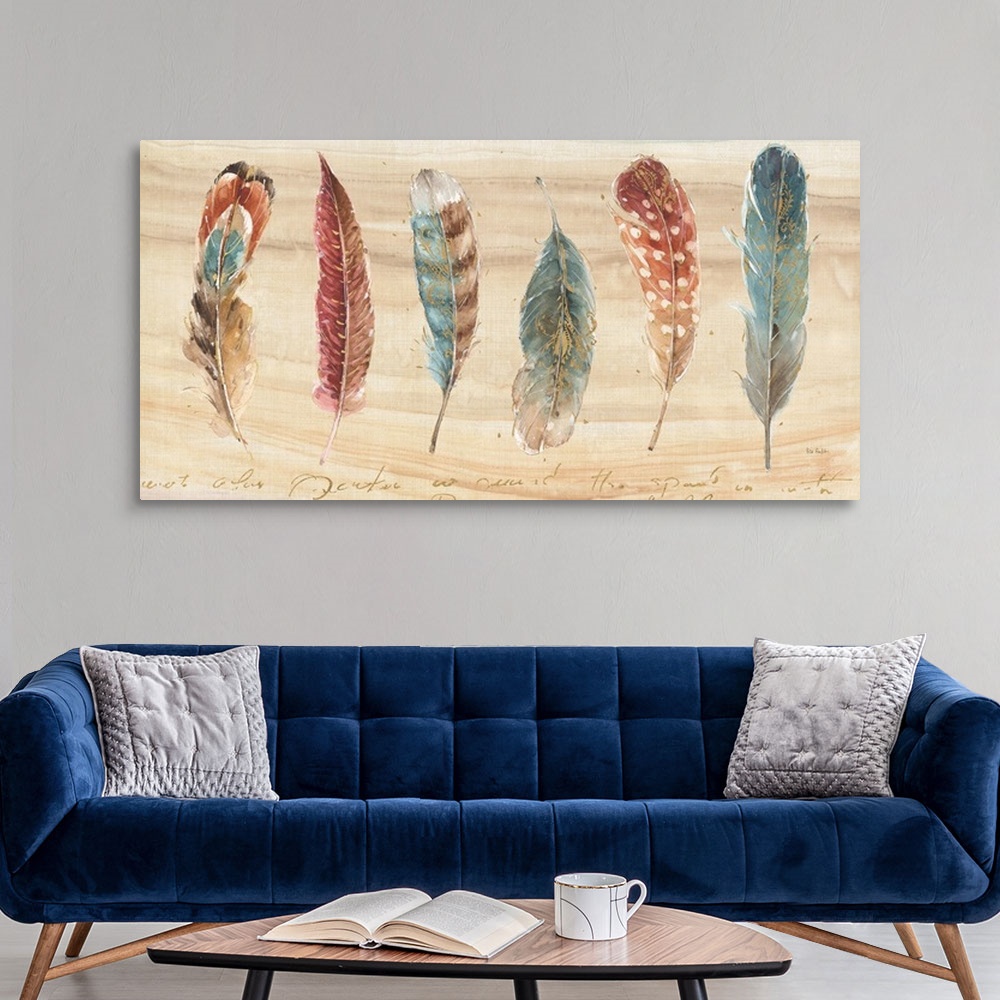 A modern room featuring Contemporary painting of a bird feathers laying on a wood plank in warm tones of brown, red and b...
