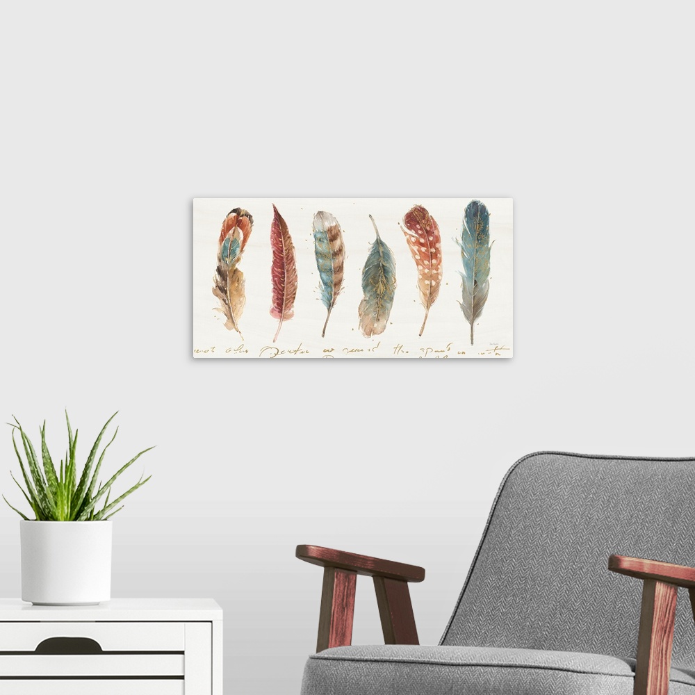 A modern room featuring Contemporary painting of a bird feathers laying on a white background in warm tones of brown, red...