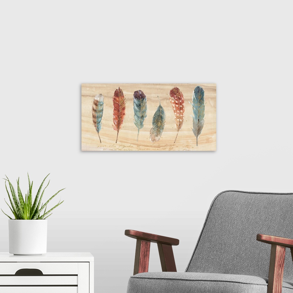 A modern room featuring Contemporary painting of a bird feathers laying on a wood plank in warm tones of brown, red and b...