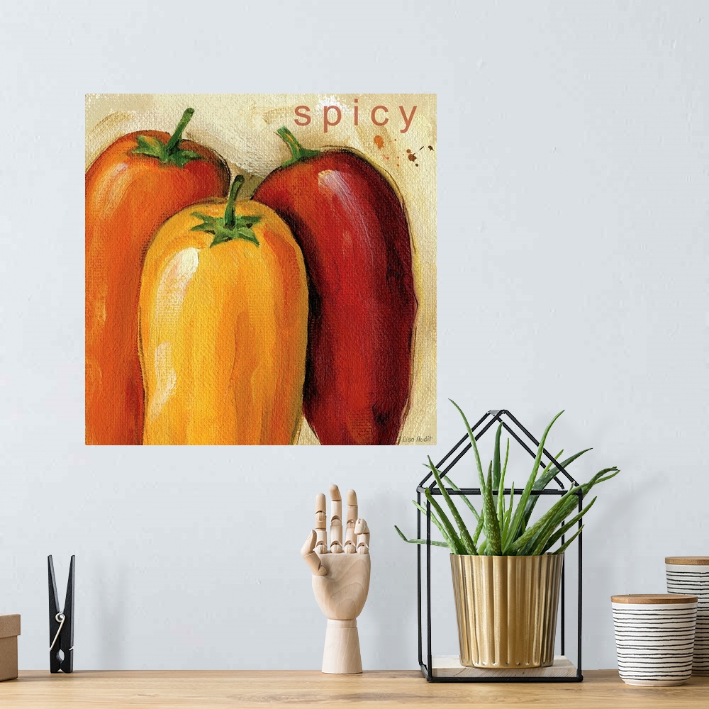 A bohemian room featuring Painting on canvas of different colored peppers with smooth brush strokes.