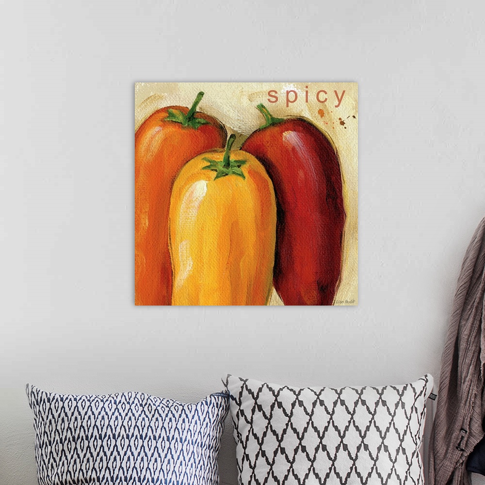 A bohemian room featuring Painting on canvas of different colored peppers with smooth brush strokes.