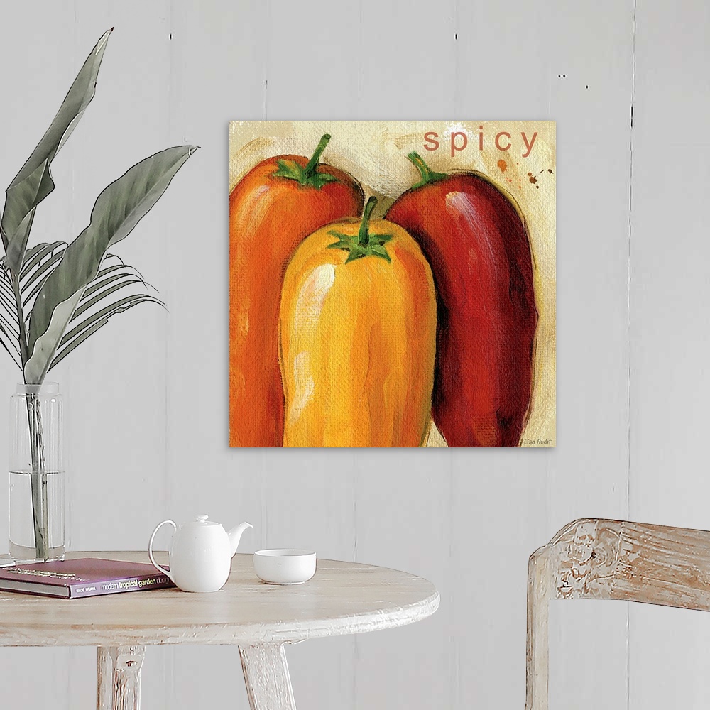 A farmhouse room featuring Painting on canvas of different colored peppers with smooth brush strokes.