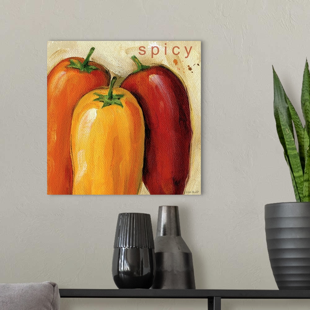 A modern room featuring Painting on canvas of different colored peppers with smooth brush strokes.