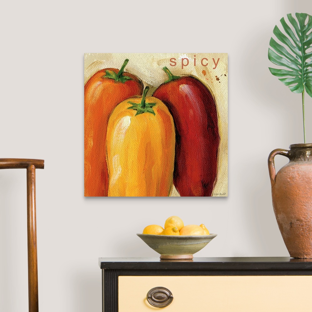A traditional room featuring Painting on canvas of different colored peppers with smooth brush strokes.