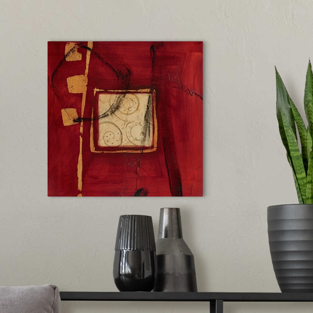 A modern room featuring Abstract artwork with a deep red background that has several squares painted over it with streaks...