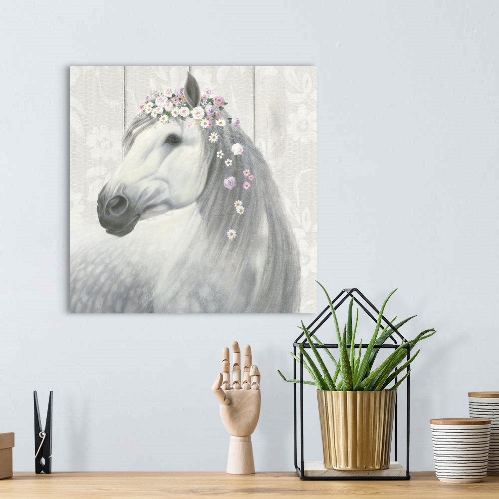 A bohemian room featuring Square painting of a white and gray horse wearing flowers in its mane on a floral patterned wood ...