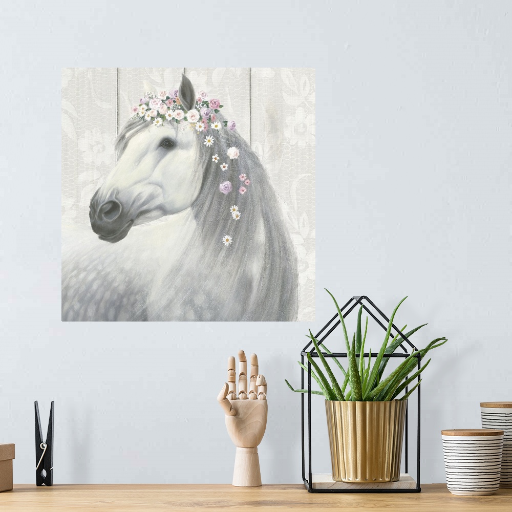A bohemian room featuring Square painting of a white and gray horse wearing flowers in its mane on a floral patterned wood ...