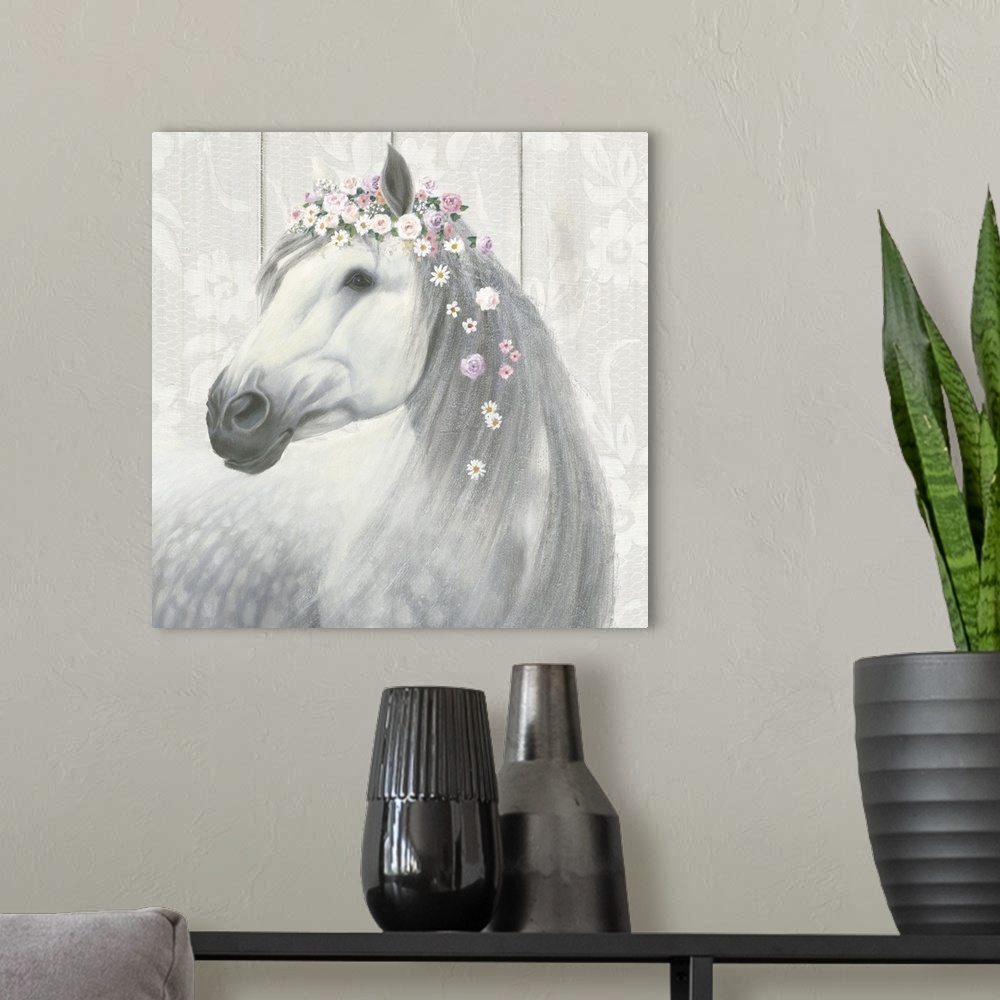 A modern room featuring Square painting of a white and gray horse wearing flowers in its mane on a floral patterned wood ...