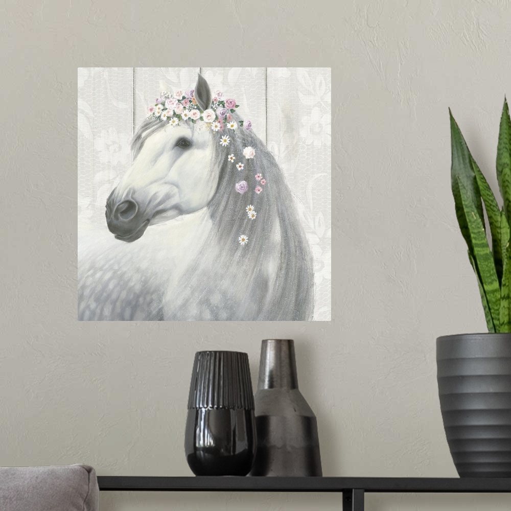 A modern room featuring Square painting of a white and gray horse wearing flowers in its mane on a floral patterned wood ...