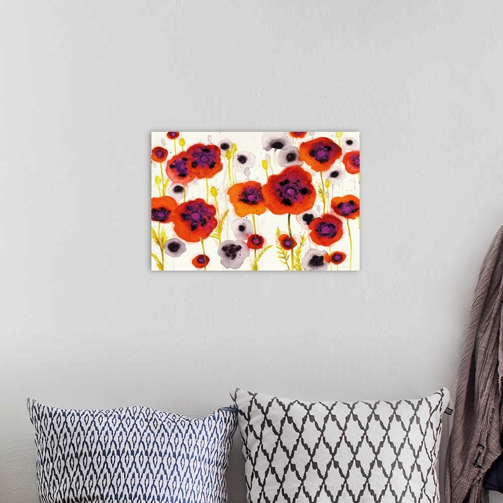 A bohemian room featuring Large watercolor painting of white and red-orange poppy flowers on a white background with a litt...