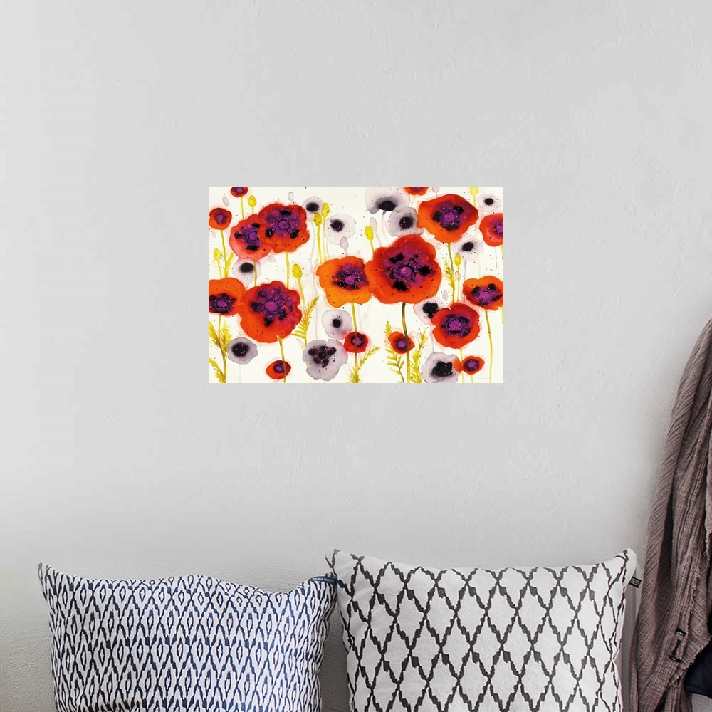 A bohemian room featuring Large watercolor painting of white and red-orange poppy flowers on a white background with a litt...