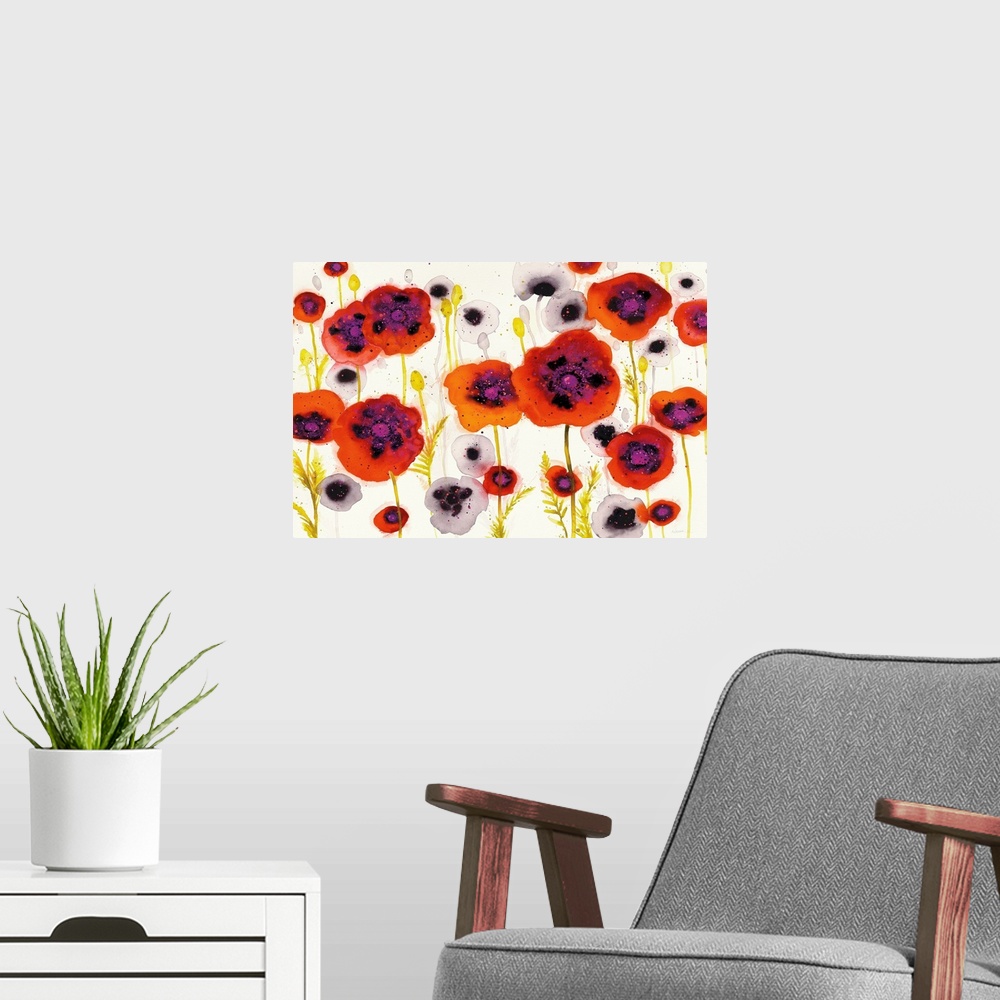 A modern room featuring Large watercolor painting of white and red-orange poppy flowers on a white background with a litt...