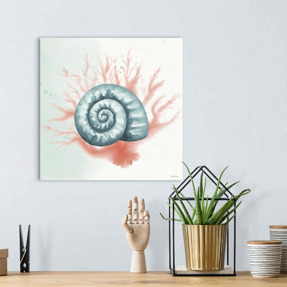 A bohemian room featuring Watercolor painting of a seashell and coral in blue and pink hues on a square background.
