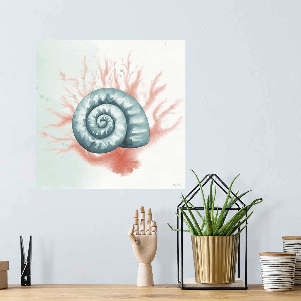 A bohemian room featuring Watercolor painting of a seashell and coral in blue and pink hues on a square background.