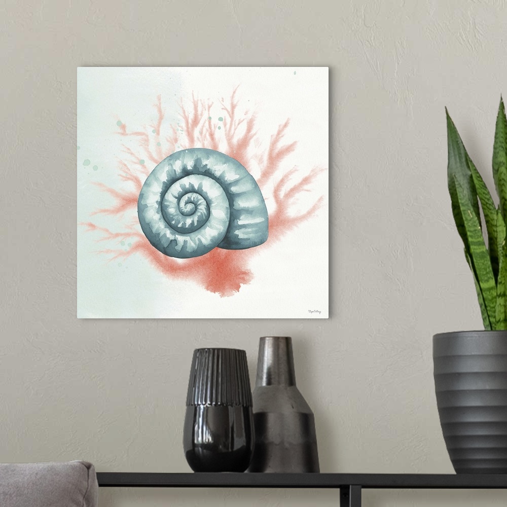 A modern room featuring Watercolor painting of a seashell and coral in blue and pink hues on a square background.