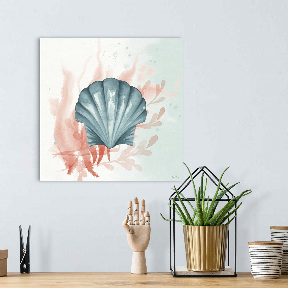 A bohemian room featuring Watercolor painting of a seashell and seaweed in blue and coral hues on a square background.