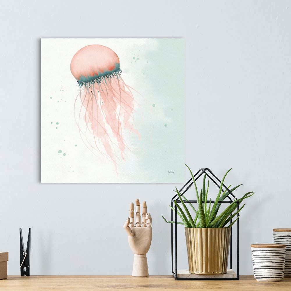 A bohemian room featuring Watercolor painting of a jellyfish swimming in blue and coral hues on a square background.