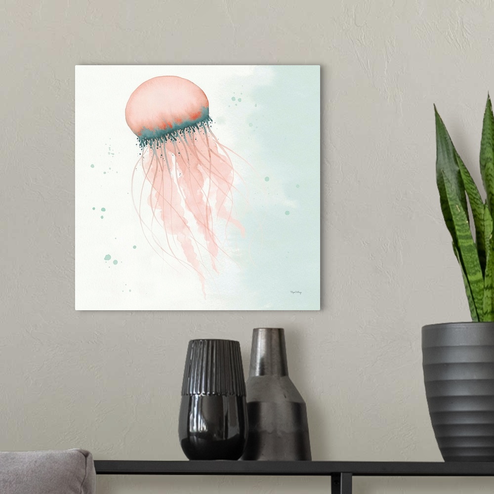 A modern room featuring Watercolor painting of a jellyfish swimming in blue and coral hues on a square background.