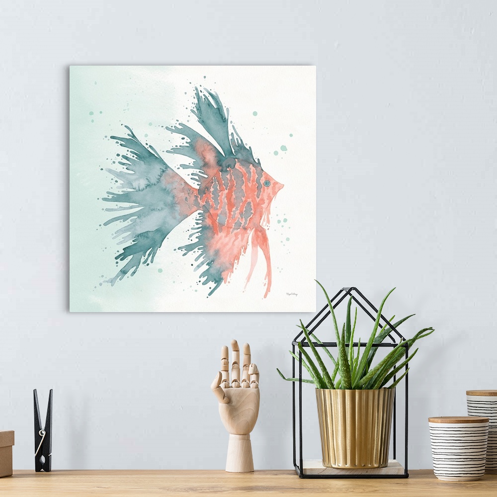 A bohemian room featuring Watercolor painting of a tropical fish in blue and coral hues on a square background.