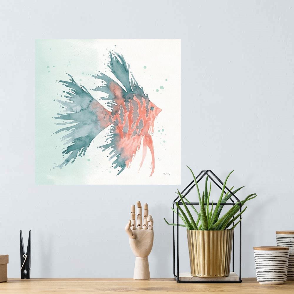 A bohemian room featuring Watercolor painting of a tropical fish in blue and coral hues on a square background.